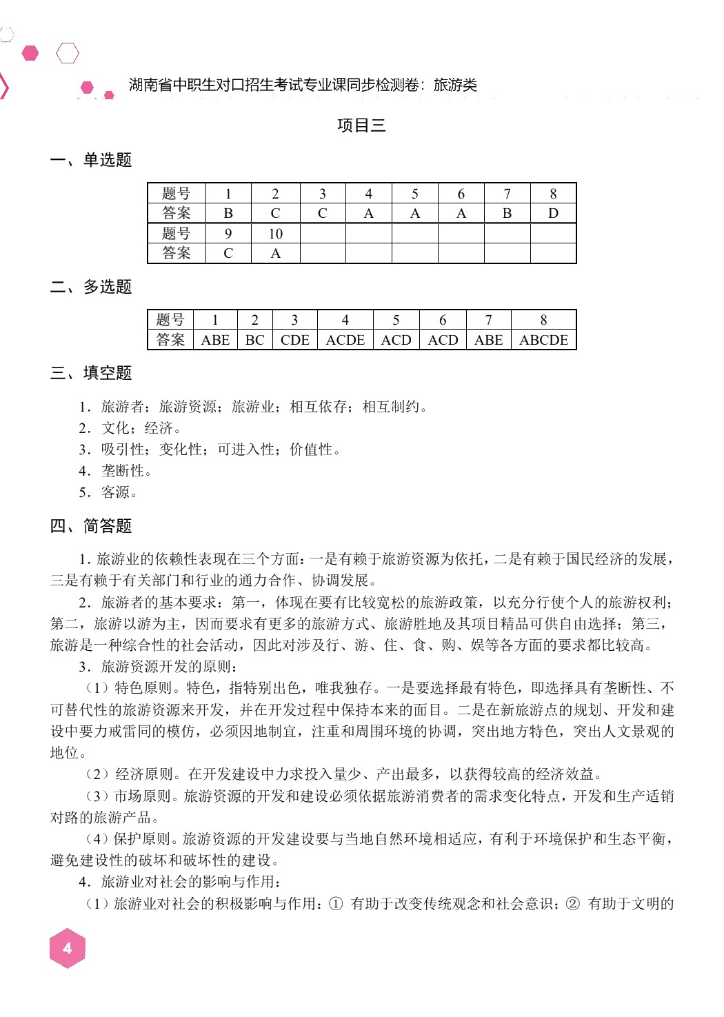 湖南省中职生对口招生考试专业课同步检测卷：旅游类