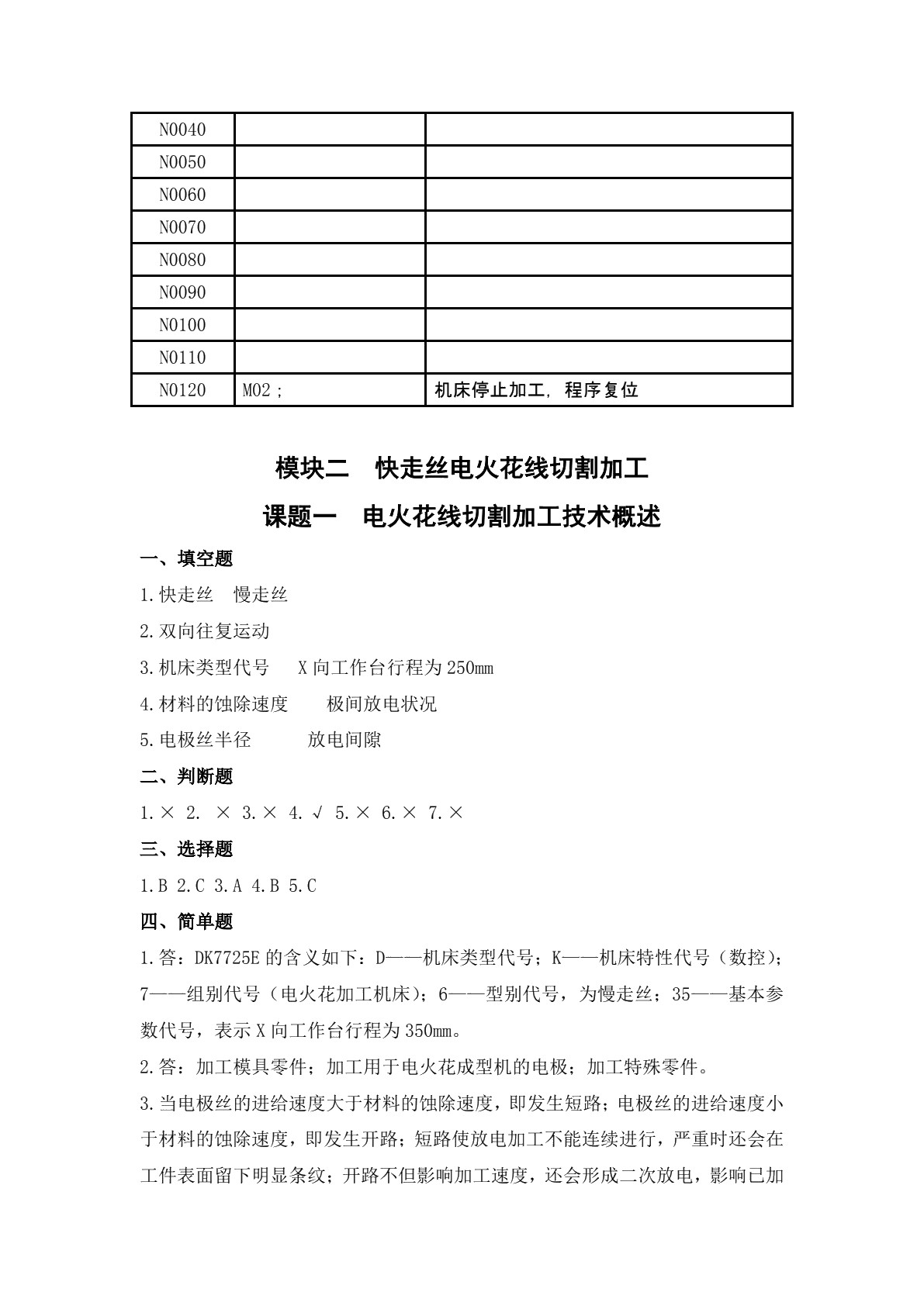模具制造电切削加工技术（第二版）习题册